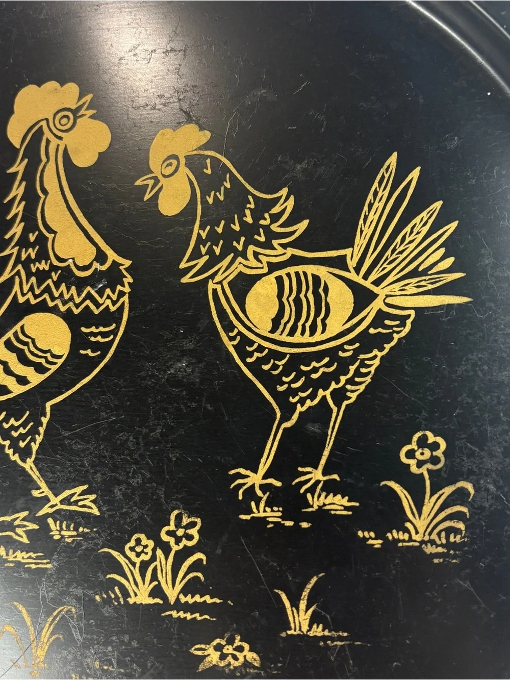 Vtg MCM 1950s Black Metal Serving Tray with Gold Rooster and Hen folk Design